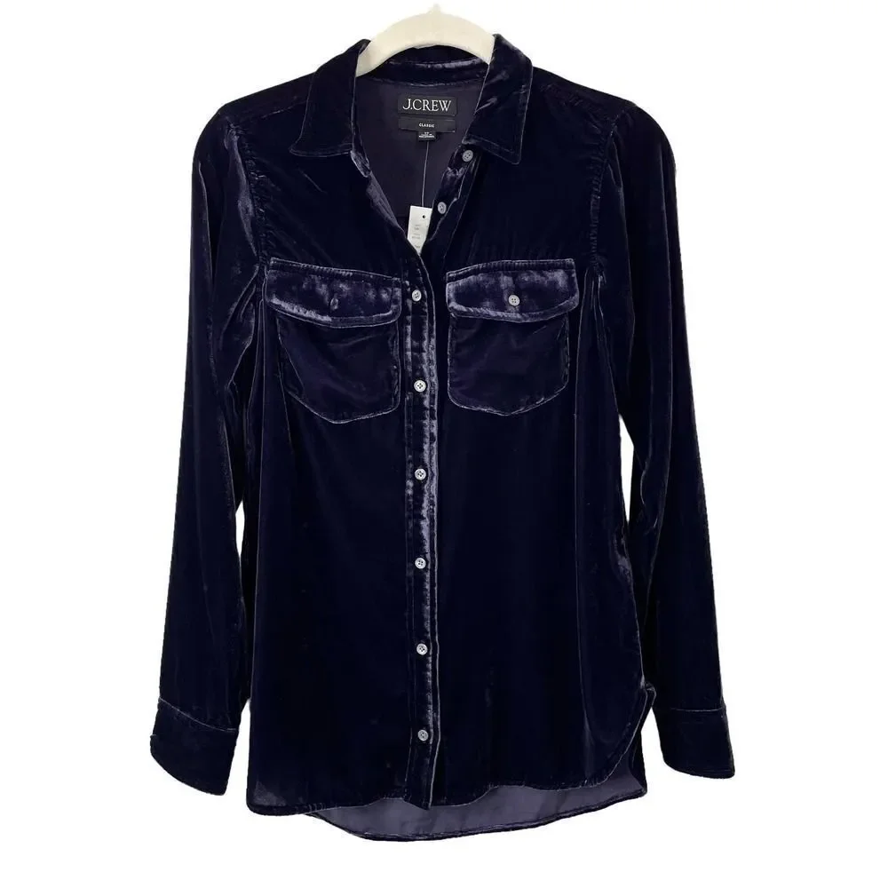 NEW J. Crew‎ Classic-fit velvet button down shirt Size 00  BN140  dark purple